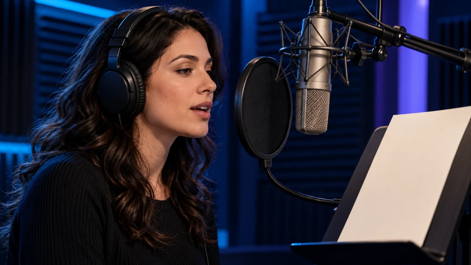 A fictional narrator speaks toward a microphone beside a blank script sheet.