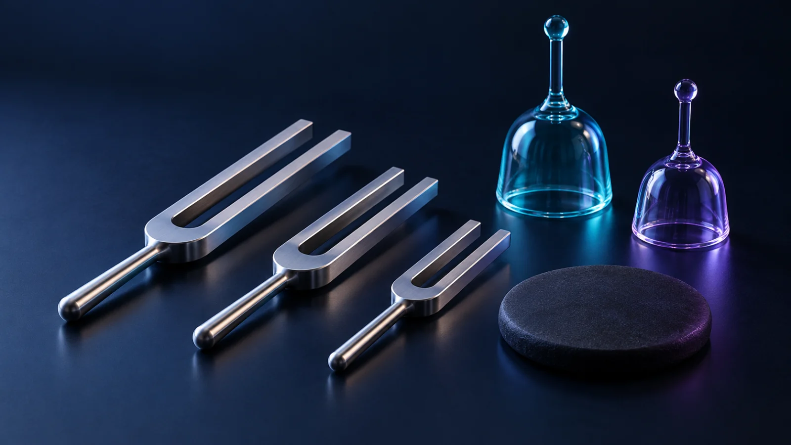 Silver tuning forks and colored glass chimes form a restrained sonic-palette concept.