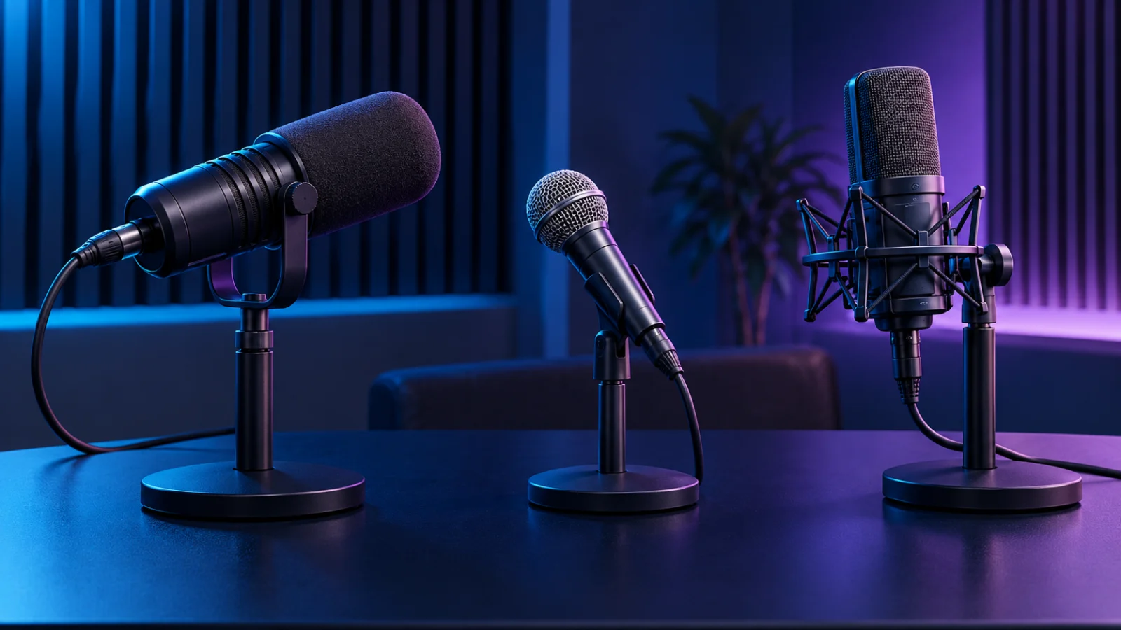 Three different microphones stand together in a blue and violet studio.