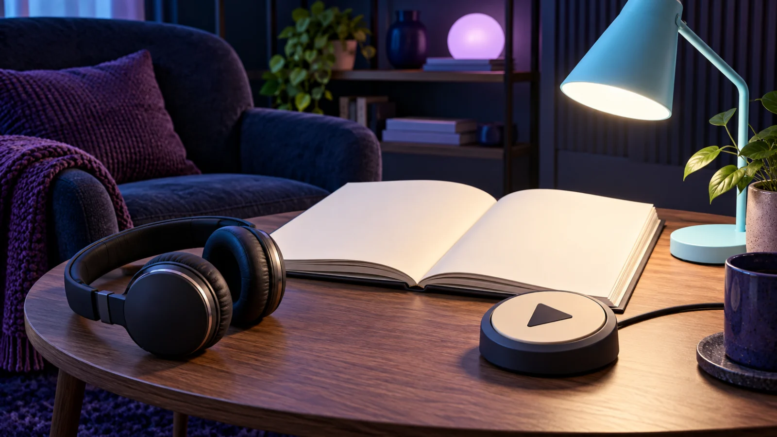 Headphones, a blank booklet and a large tactile play control in a listening corner.