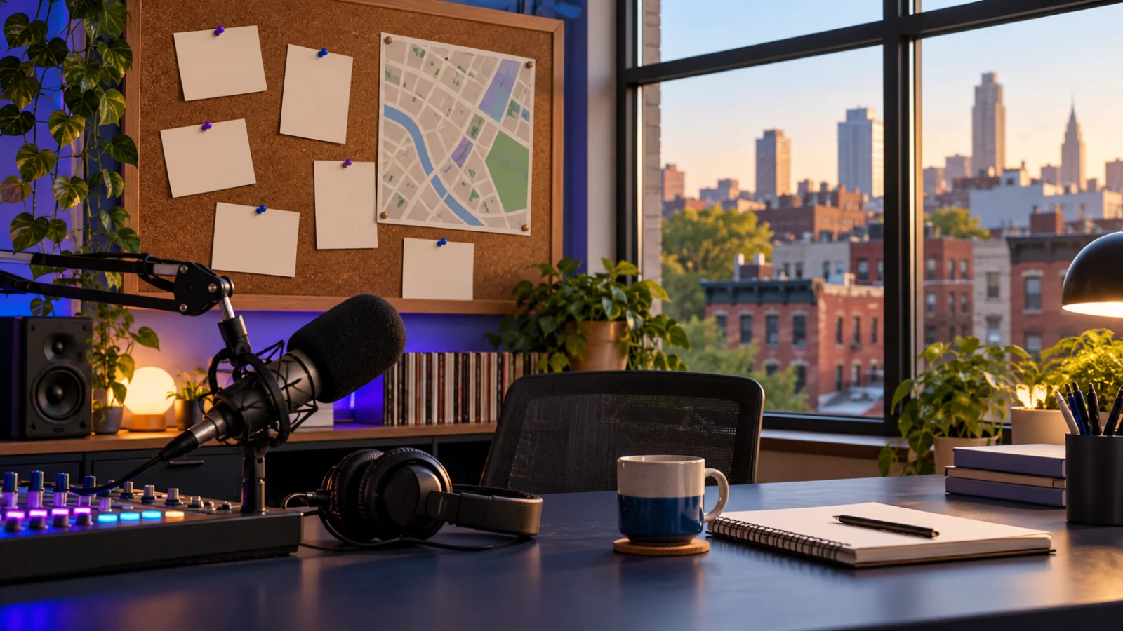 A radio workspace with a blank community noticeboard and a fictional city view.