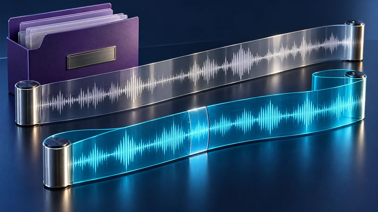 An intact silver audio ribbon and an edited cyan ribbon beside an archive folder.