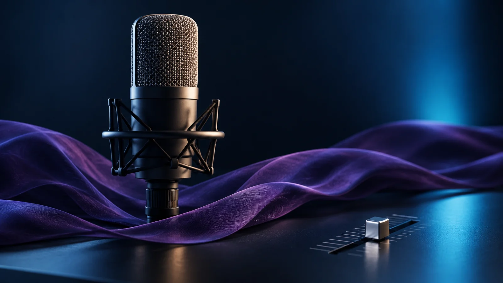 Microphone above flowing violet fabric beside a single mixing fader.