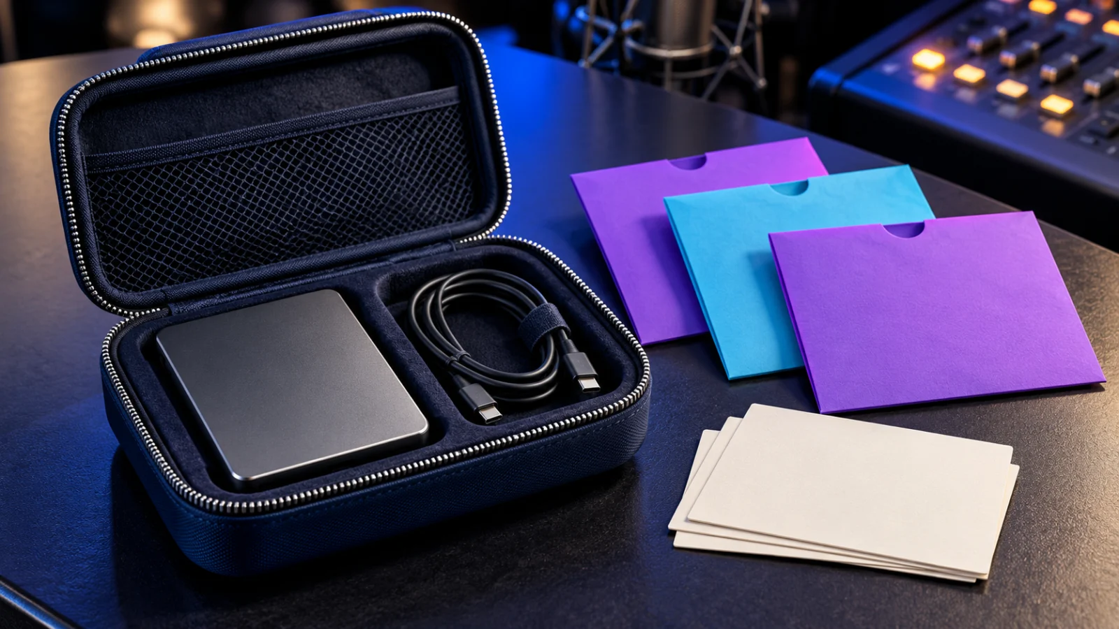 Portable drive and cable in a case beside blank colored sleeves and cards.