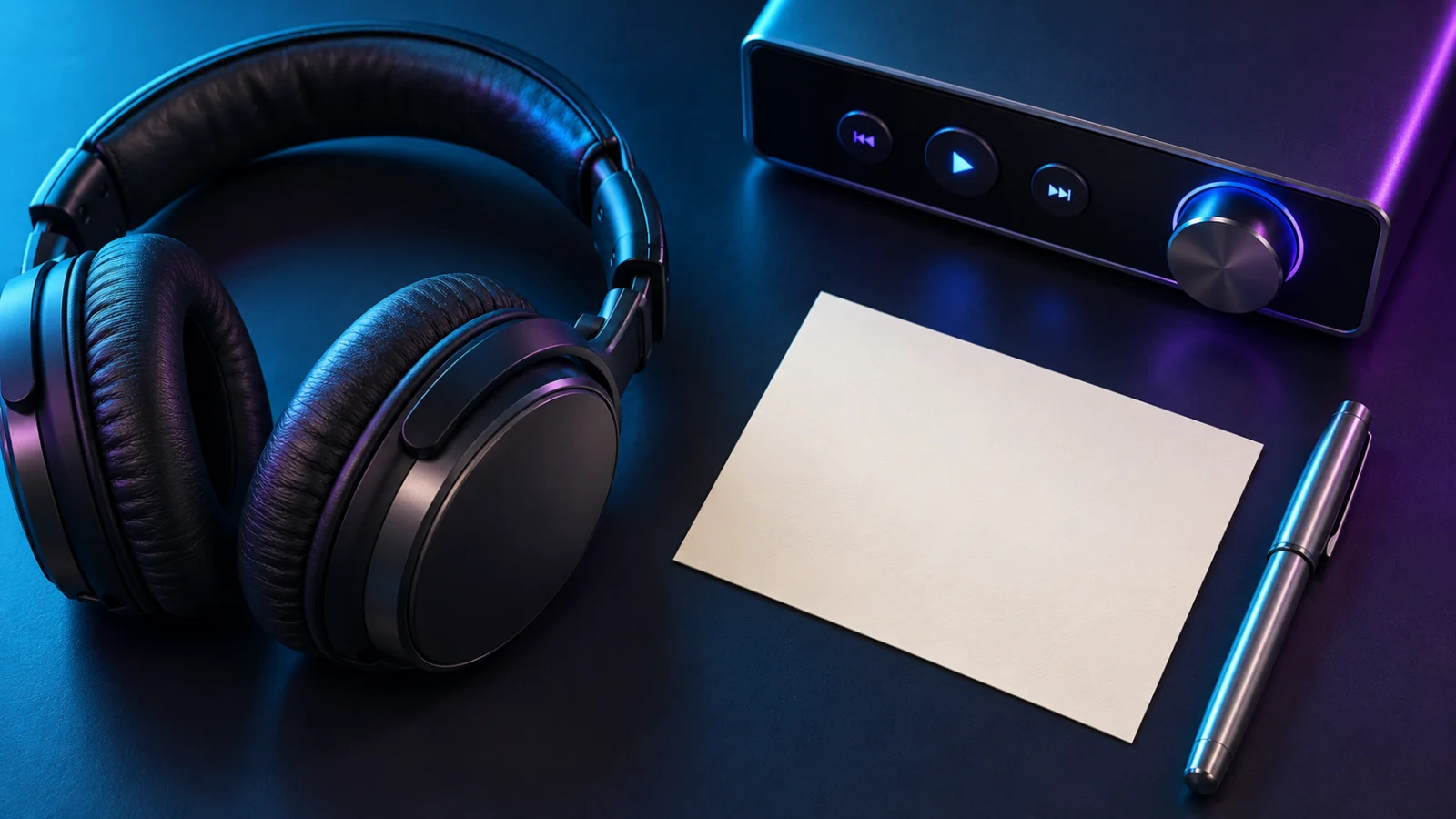 Headphones, playback controls and a blank inspection card on a desk.
