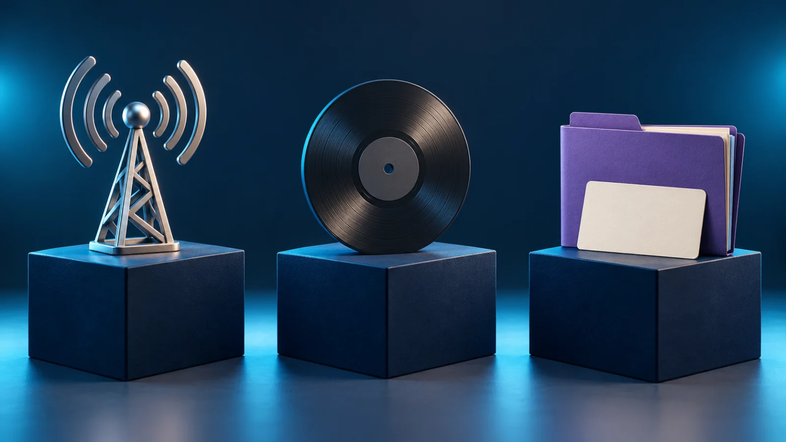 Radio tower sculpture, vinyl record and folder on three separate plinths.