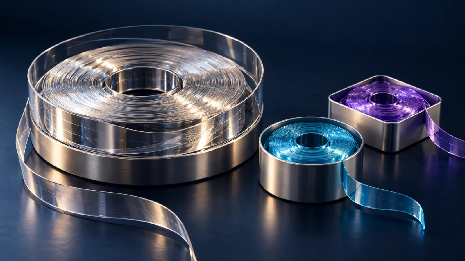 Three differently sized translucent audio ribbons coiled in metallic containers.