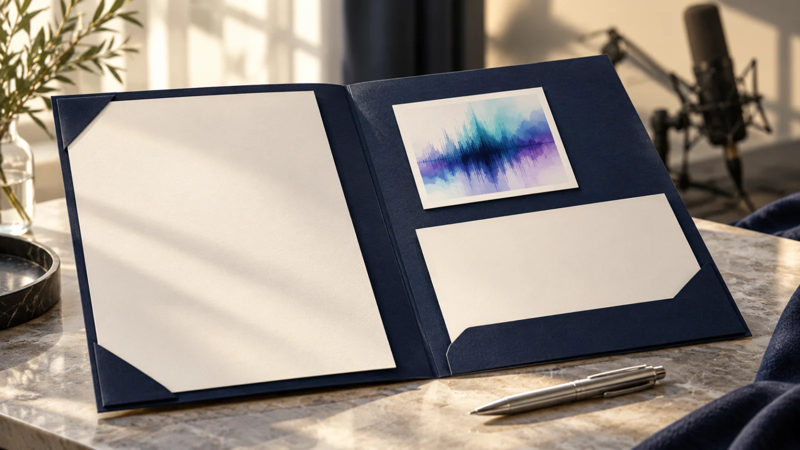 Open presentation folder with blank pages and a waveform illustration.