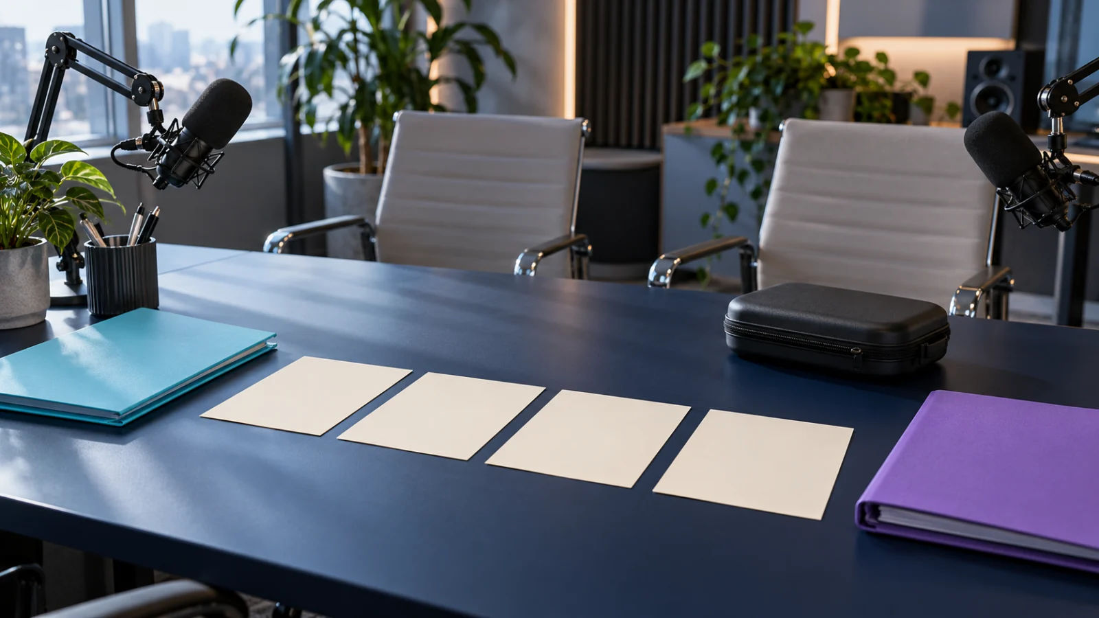 Two microphones facing chairs across a desk with folders and handoff cards.