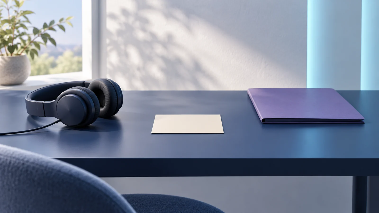 Headphones, a blank feedback card and a closed folder on a desk.