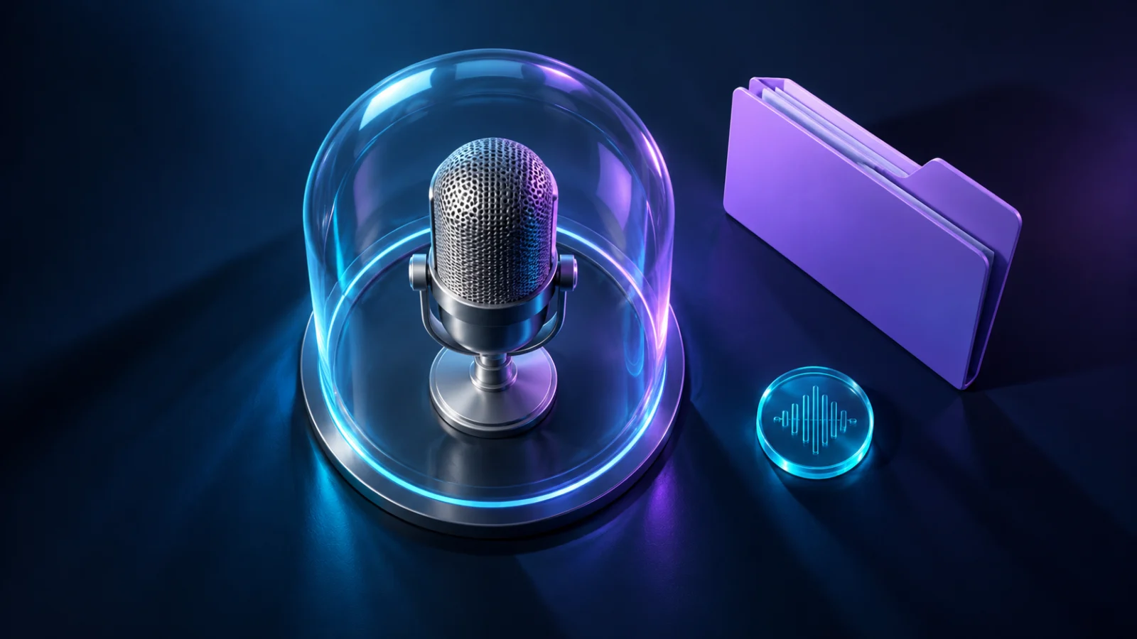 Microphone beneath a clear protective dome beside a folder and waveform token.
