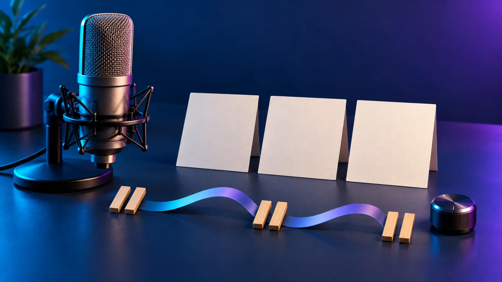 Microphone, blank script cards and a ribbon separated by small pause bars.