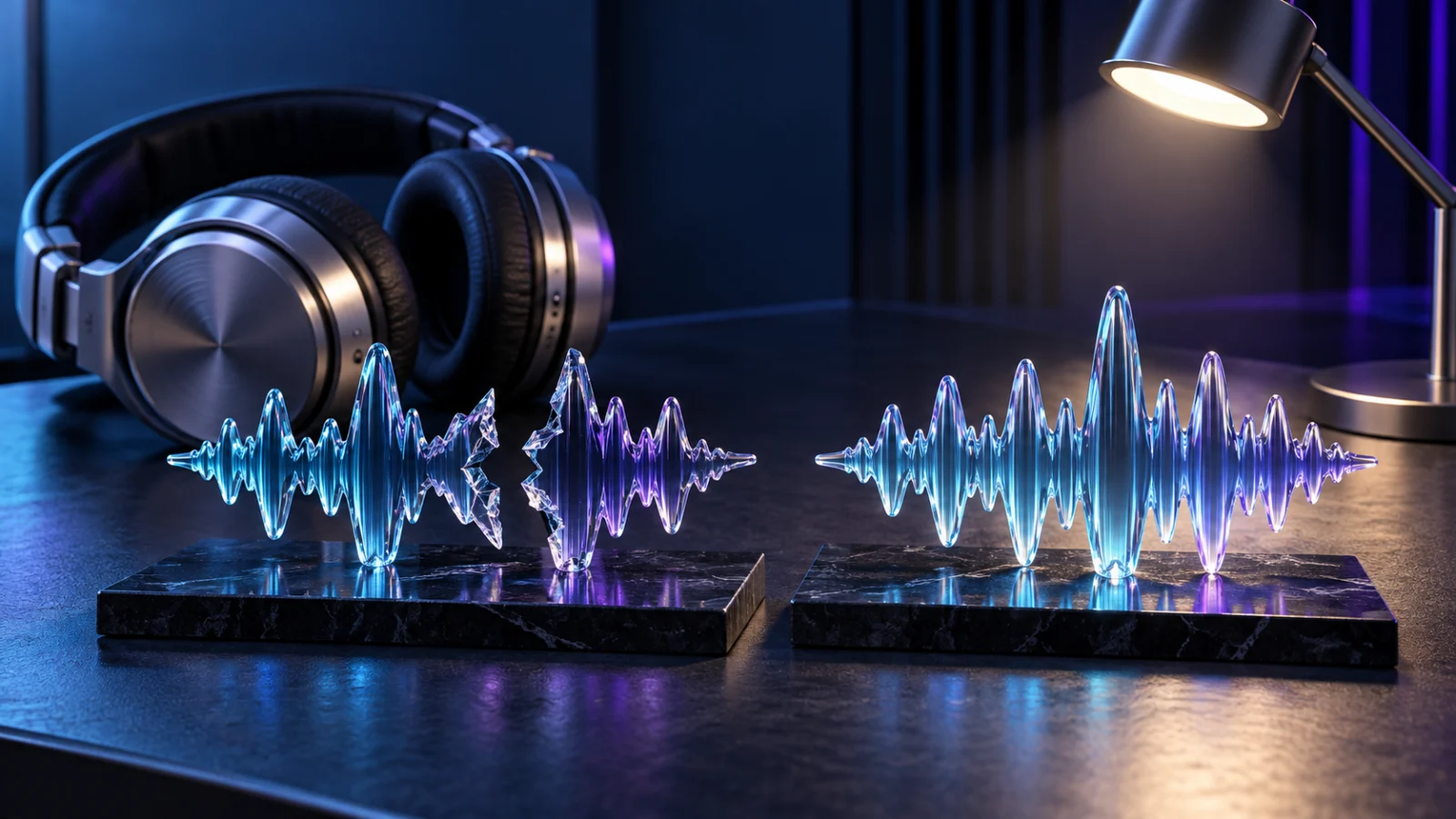 Headphones beside two glass waveforms, one interrupted and one continuous.