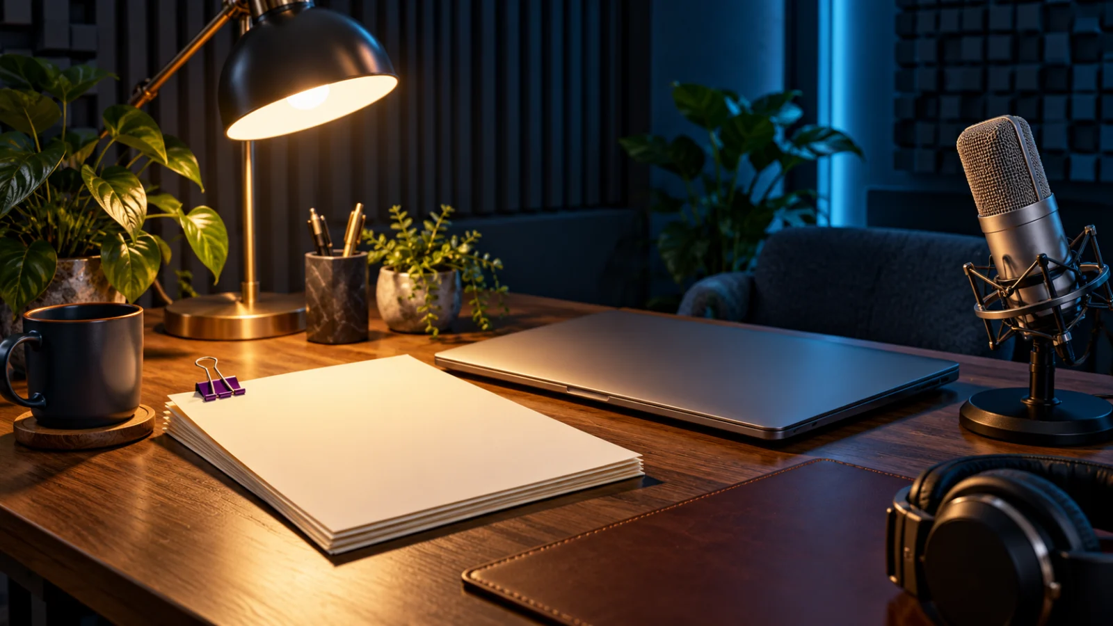 Closed laptop, blank script pages and microphone beneath a warm desk lamp.