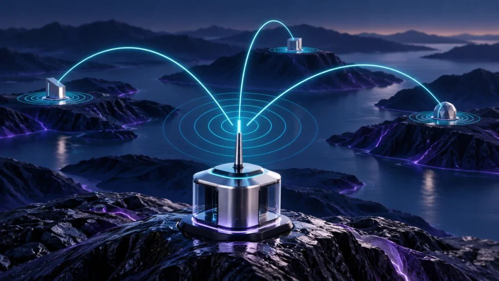 Conceptual silver transmitter connecting illuminated nodes across layered terrain.