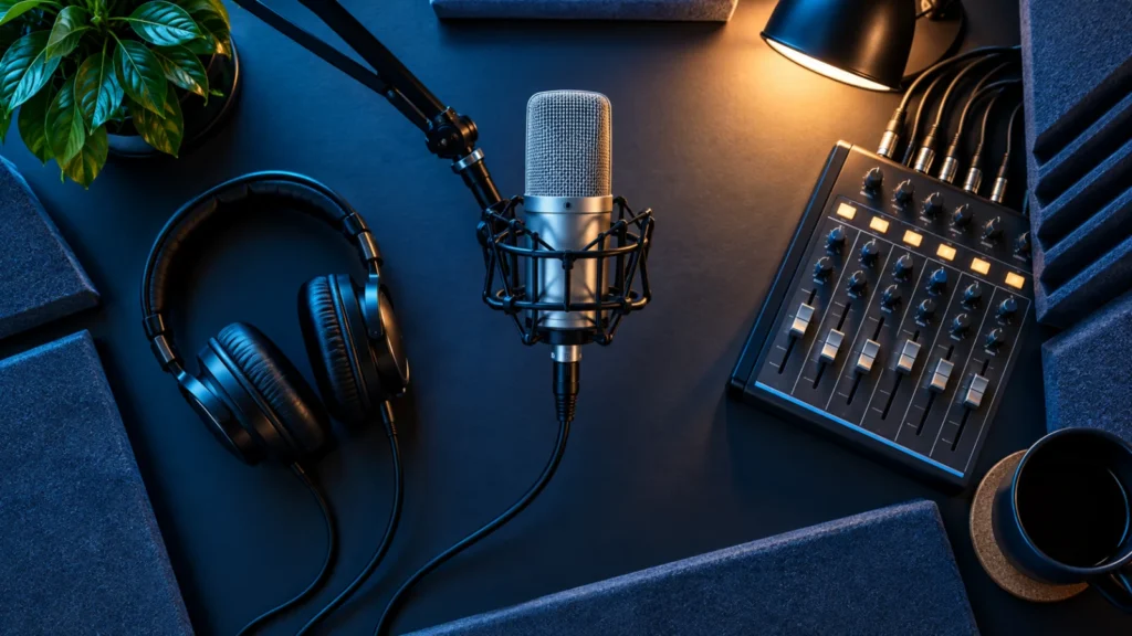 Overhead microphone, headphones and compact mixer on a navy desk.
