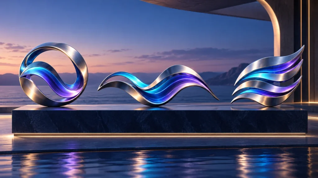 Three metallic wave emblems connected by cyan and violet light.