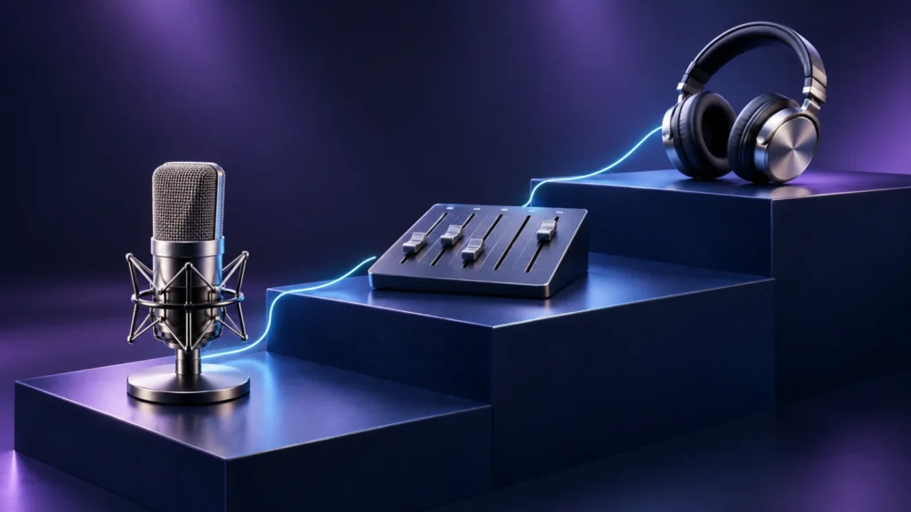 Microphone, faders and headphones on three rising steps linked by cyan light.