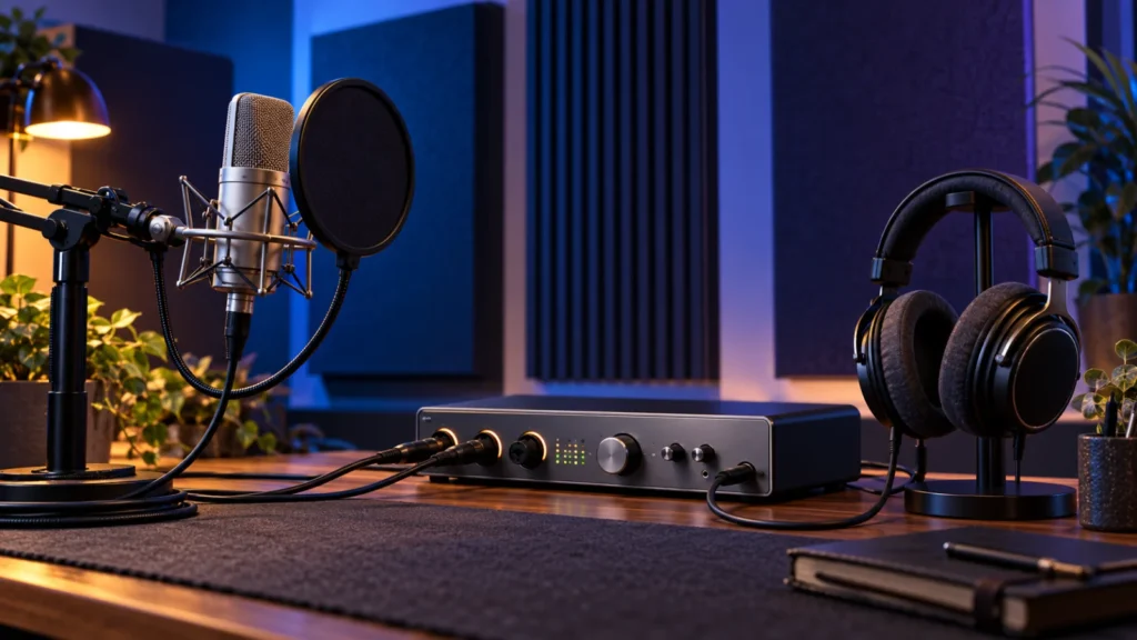 Microphone with pop filter, audio interface and headphones in a production room.